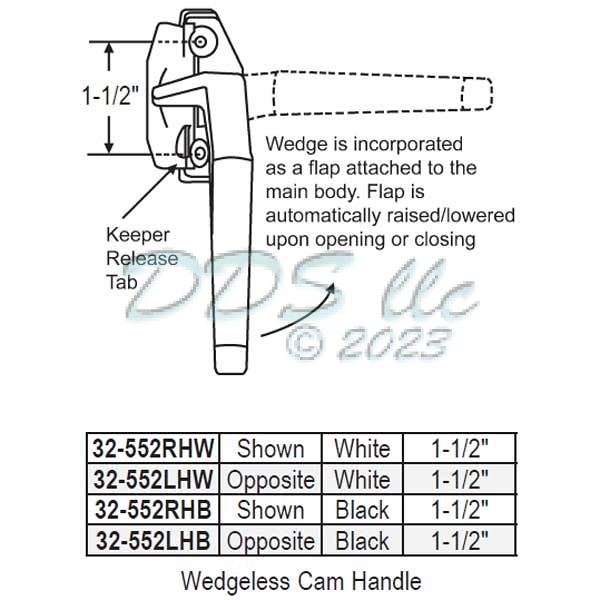 Left Handed White Wedgeless Cam Handle 32552LHW Window and Door Parts
